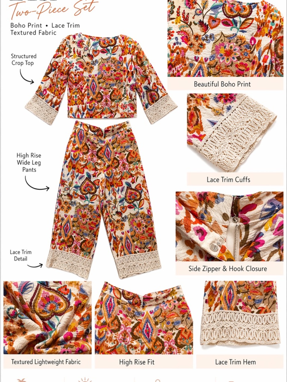 Zara boho resort casual matching set printed crop top wide leg pants small - Picture 3 of 13
